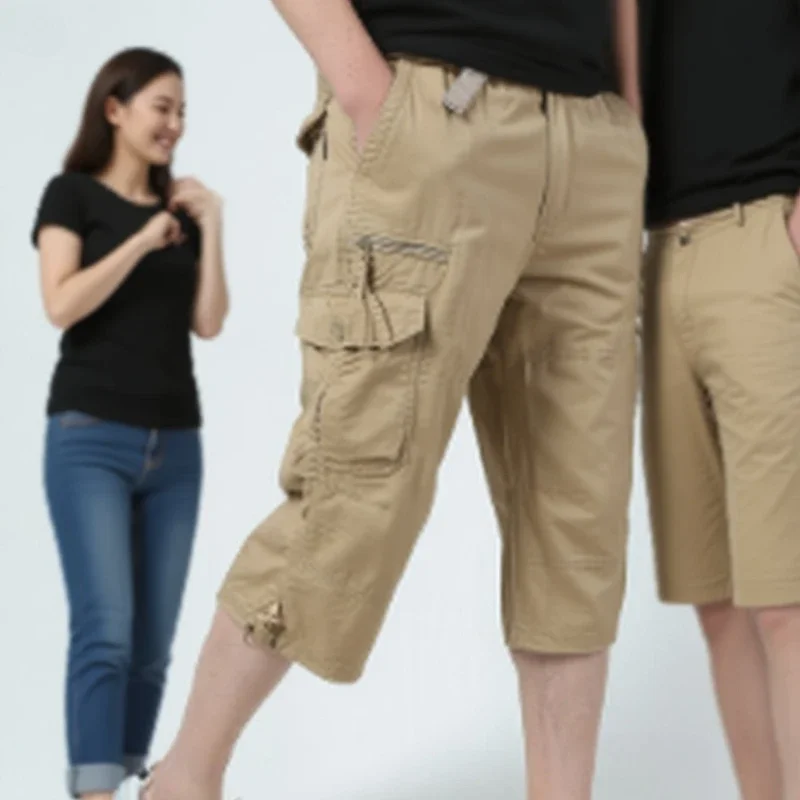 

Men's Short Cargo Pants Casual High Waist Belt Outdoor Sports Stretchy Lightweight Trousers with Pockets Male Over Knee Pants