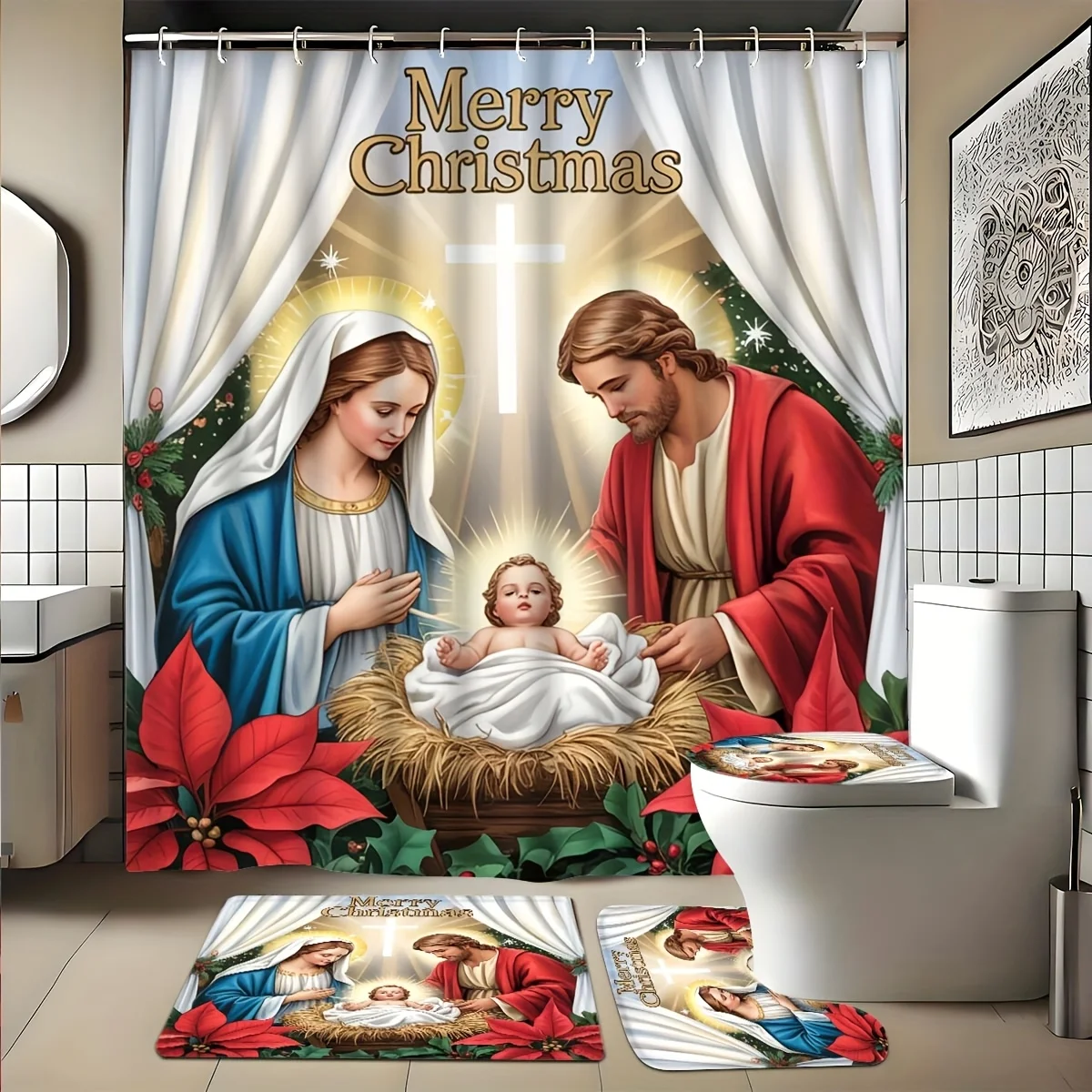 4Pcs Creative Heavenly Bathroom Set,Christmas Shower Curtain with 12 Hooks, Non-Slip Mats & U-Shape Rug, Toilet Seat Cover