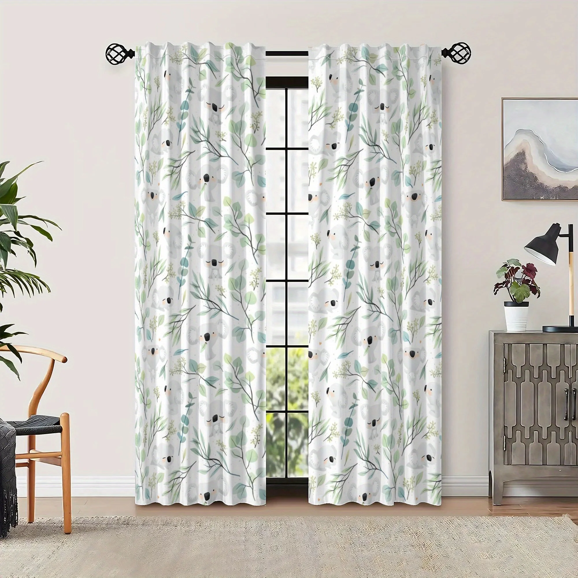 2pc Koala and eucalyptus patterned curtains in polyester fabric, machine washable, suitable for bedrooms and living rooms.