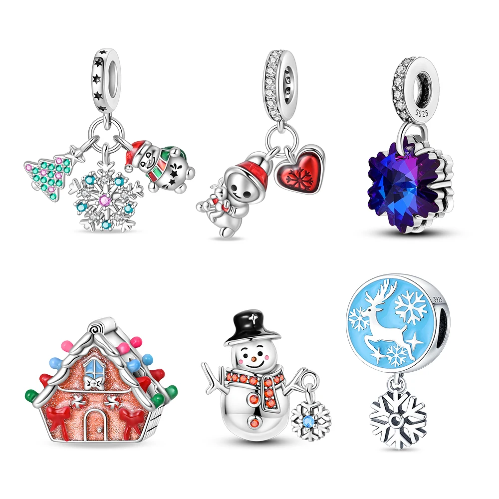 Versilberte Schneemann-Schneeflocken-Anhänger aus 925er Silber, passend für originale 925er Charms-Armbänder, Perlen, Schmuck, Geschenke für Frauen