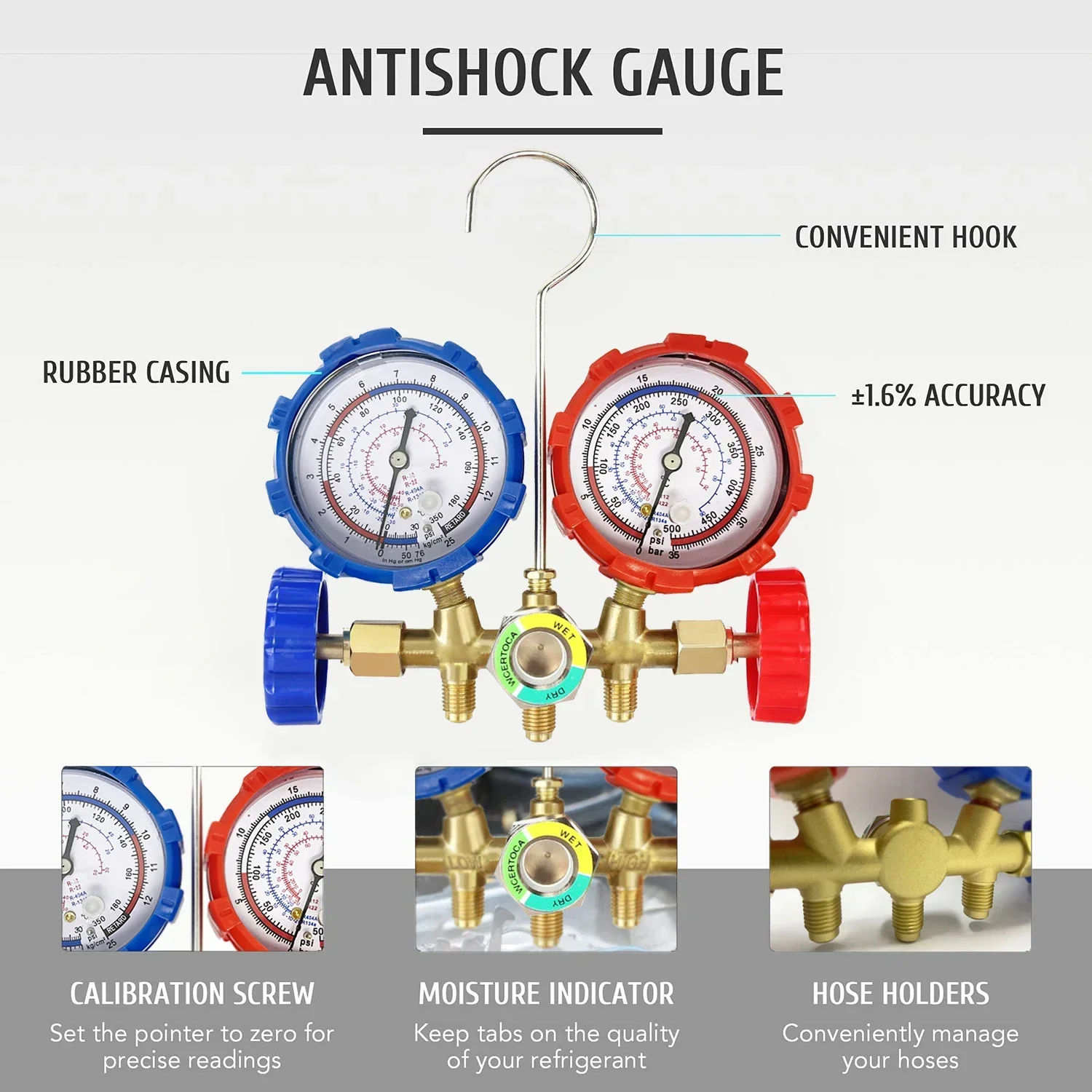 Refrigerant Manifold Gauge Air Condition Refrigeration Set Air Conditioning Tools with Hose and Hook for R12 R22 R404A R134A