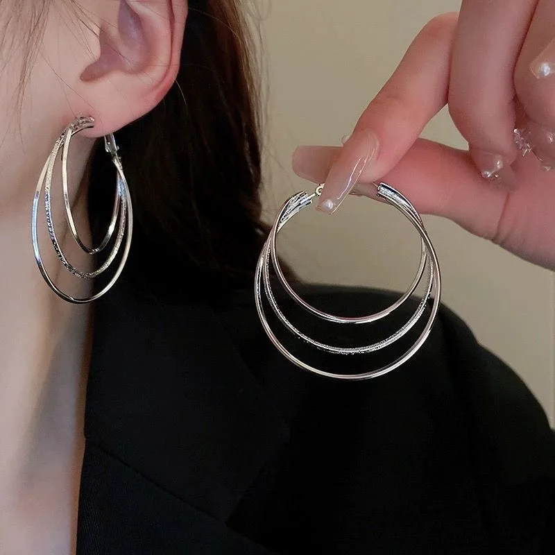 Multi-Layer Silver Hoop Earrings, Triple Circle Matte & Polished Metal Big Hoop Earrings Minimalist Punk Ear Jewelry for Women