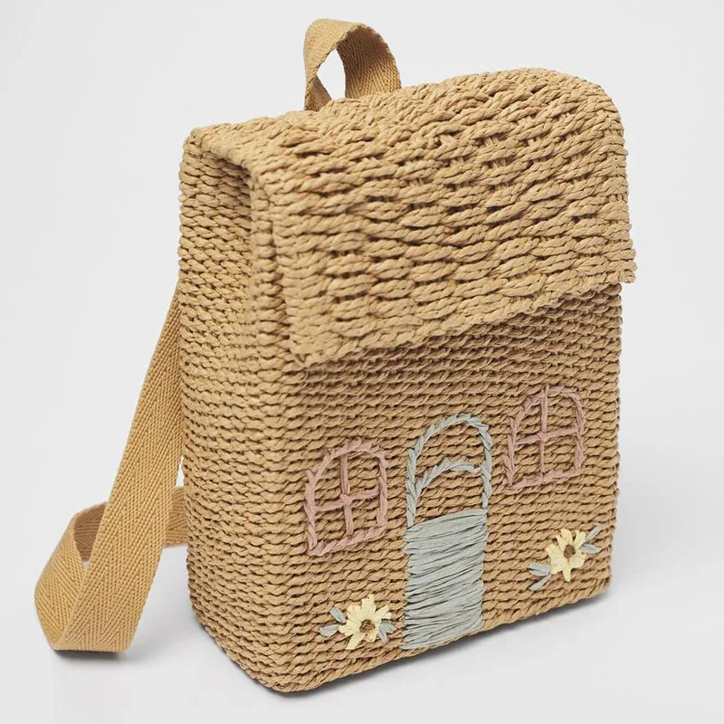 Double Shoulder Straw Woven Bag Children Backpack Straw Woven Bag Student School Bag Personality Hand Carrying Woven Backpack