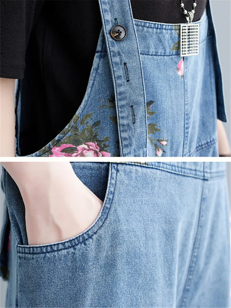 Denim Jumpsuits for Women Floral Printing Korean Style Harajuku Overalls One Piece Outfit Women Rompers Casual Vintage Playsuits