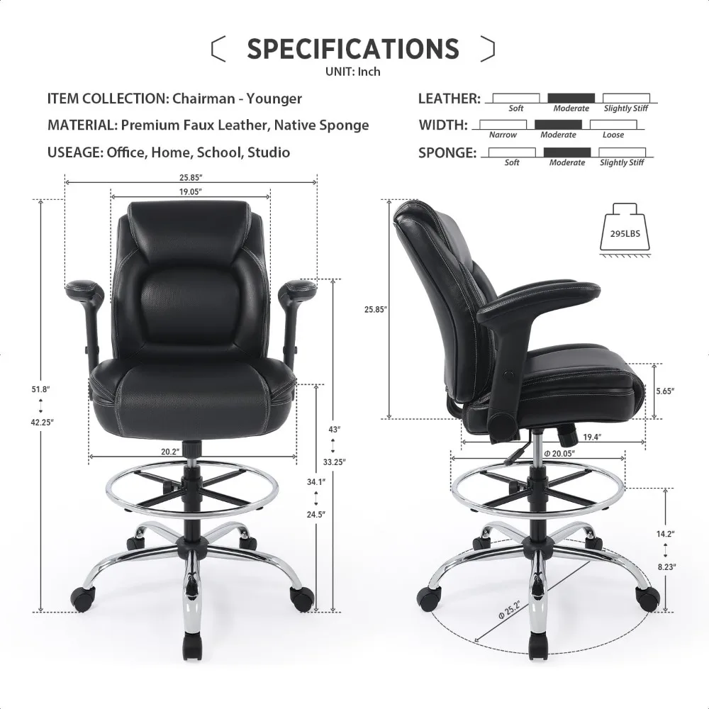 Ergonomic Mid-Back Premium Faux Leather Adjustable Drafting Chair with Multi-Function Arms and Foot Ring