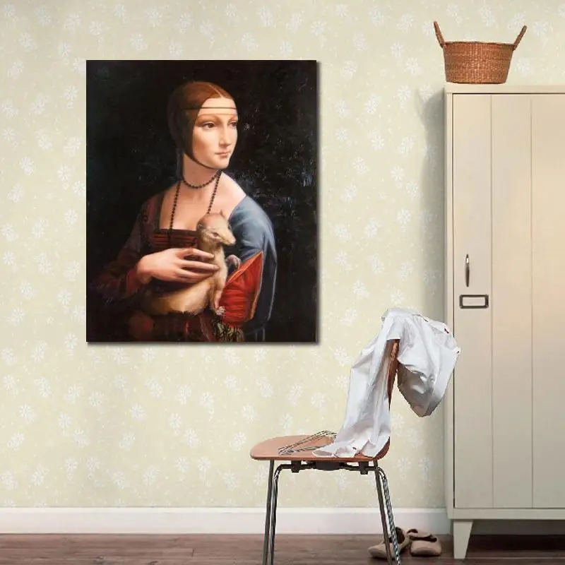 Realist Portrait Canvas Art Lady with an Ermine Handmade Leonardo Da Vinci Painting Classical Artwork Home Decor Luxury Quality