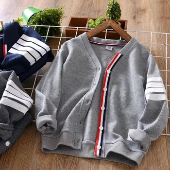 New Children's Spring Autumn Striped Knit Sweater Long Sleeve Boys Girls Cotton V-Neck Cardigan Sweaters Kids Coat 3-13 Years