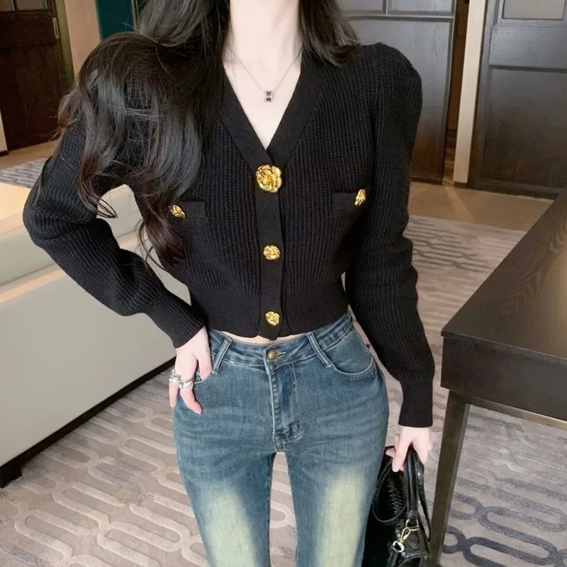 Neploe Elegant 3d Metal Buttons Red Sweaters Mujer 2024 Autumn Slim Waidt Cardigans Y2k Long Sleeve Knitted Tops Women