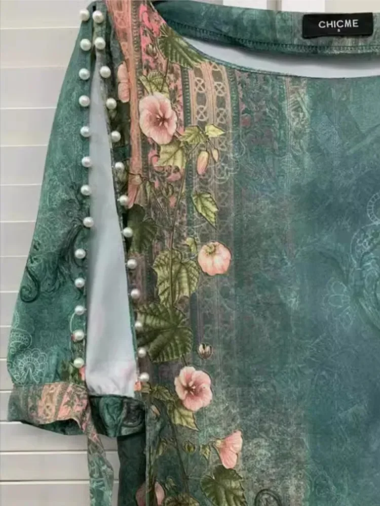 Frauen Floral Print Split Ärmeln Perlen Dekor Mini Kleid Neue Frühling Sommer Halbarm Kurze Beiläufige Lose Kleider Femme Robe