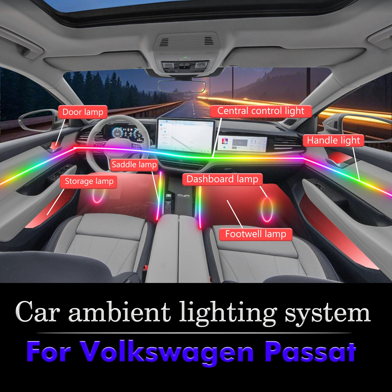

For Volkswagen Passat Car Interior Decorative Ambient Light RGB 64-Color LED Smart Remote Control Energy Saving Kit
