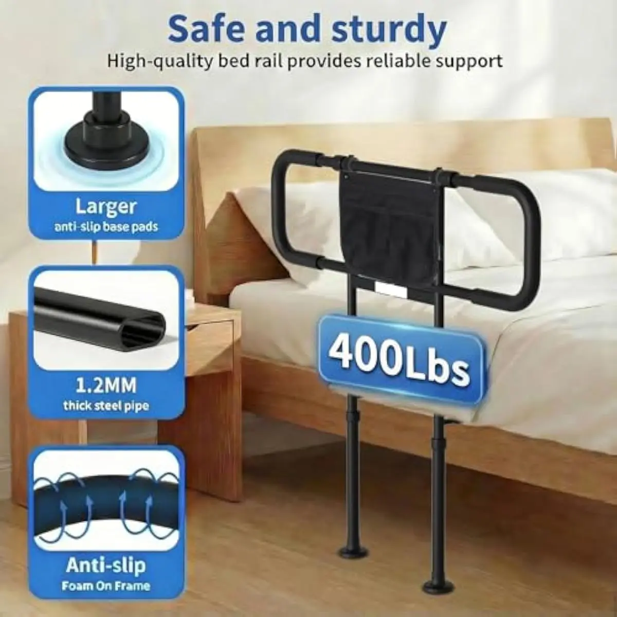 Bed Rails for Seniors with Auto-On Motion Sensor Night Light • Heavy-Duty Steel Frame • 400 lb Capacity • Height Adjustable 13–2