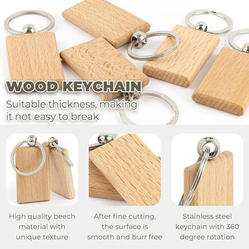 5/10pcs Blank Rectangle Wooden Key Tag Engraving Blanks Unfinished Wood Keychain Ring Pendant For DIY Crafts Making