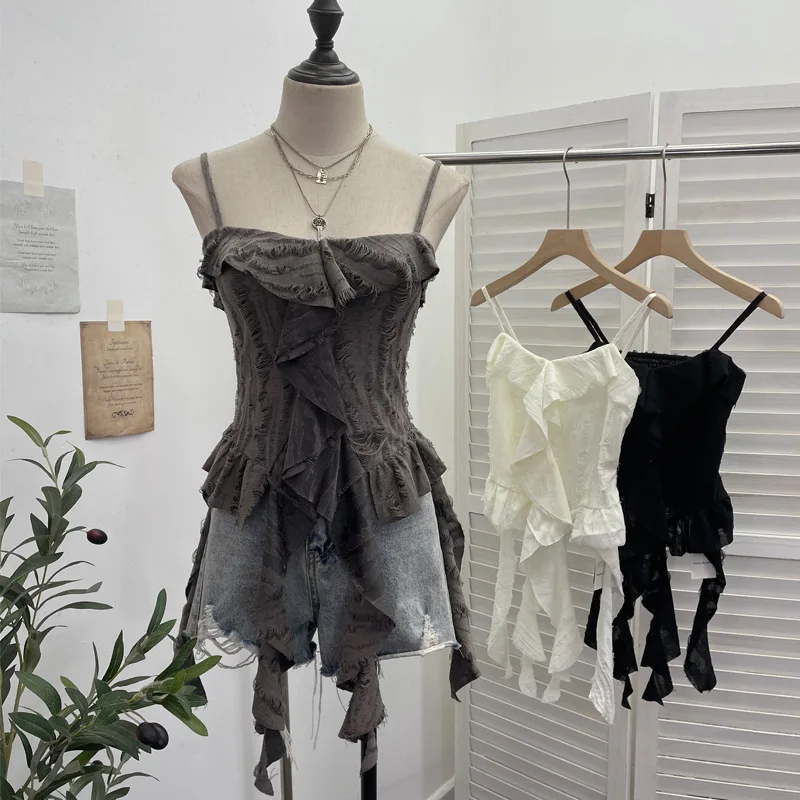 

High Quality Hot Selling Wholesale Dark Waste Soil Made Old Hole Camisole Vest Irregular Ruffle Edge Ribbon Short Sleeveless Top