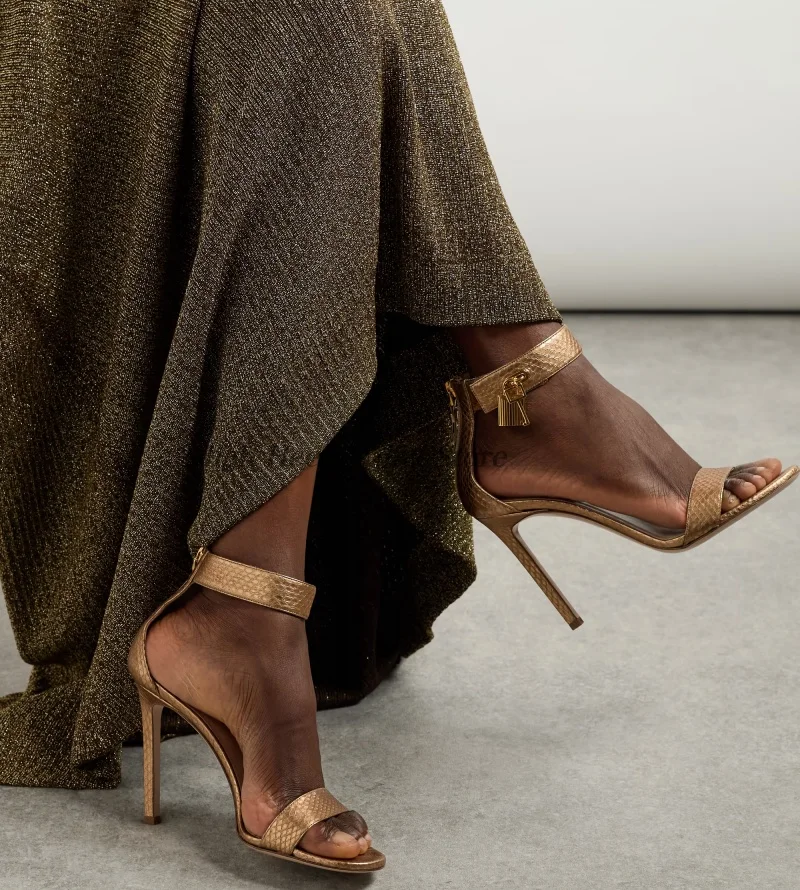 Women's padlock snake print leather sandals gold/sliver/black ankle strap Stilettos high heels luxury designer party shoes