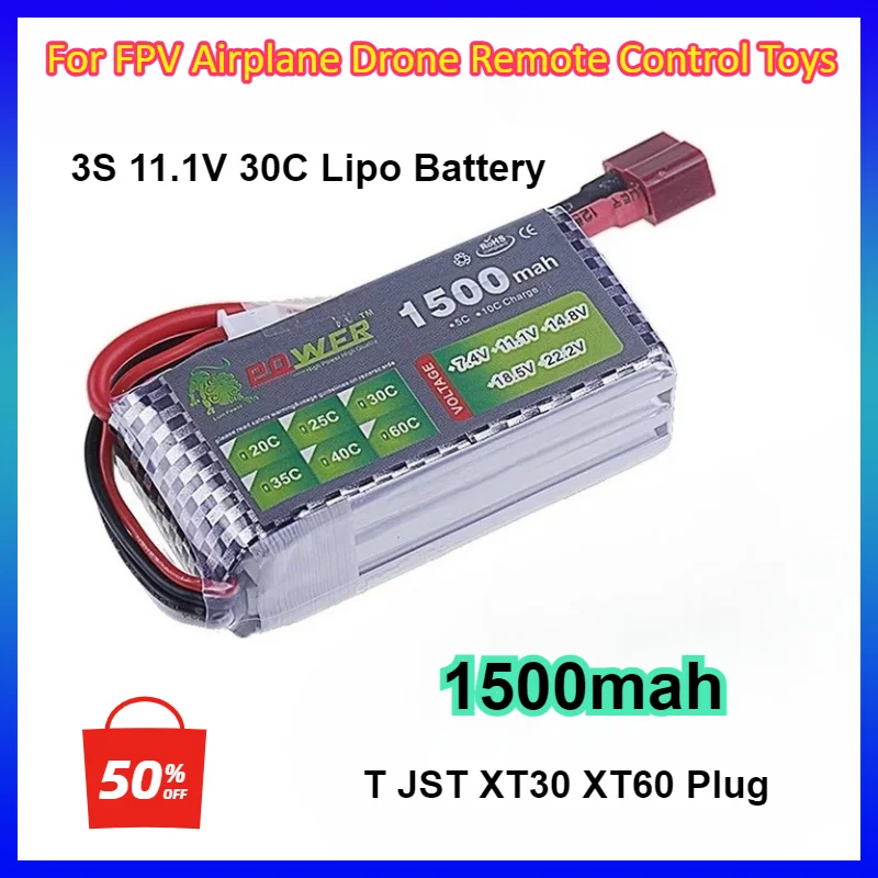 

3S 11.1V Lipo Battery 1500mAh 30C With Deans T JST XT30 XT60 Plug For FPV Airplane Drone Remote Control Toys