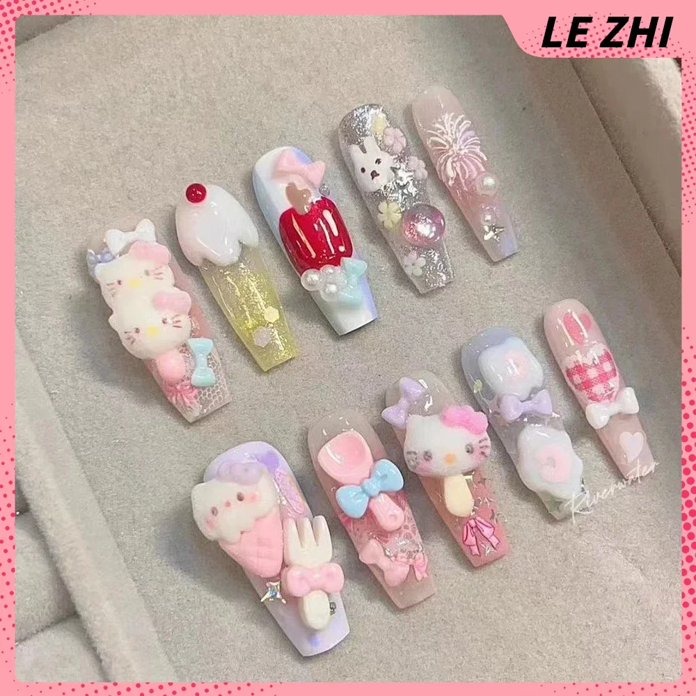 

Handmade 10Pcs Cute Hello Kitty Party Nail Sticker Cartoon Ice Cream Bowknot Kawaii Long Coffin Repeated Use Party Nail Sticker
