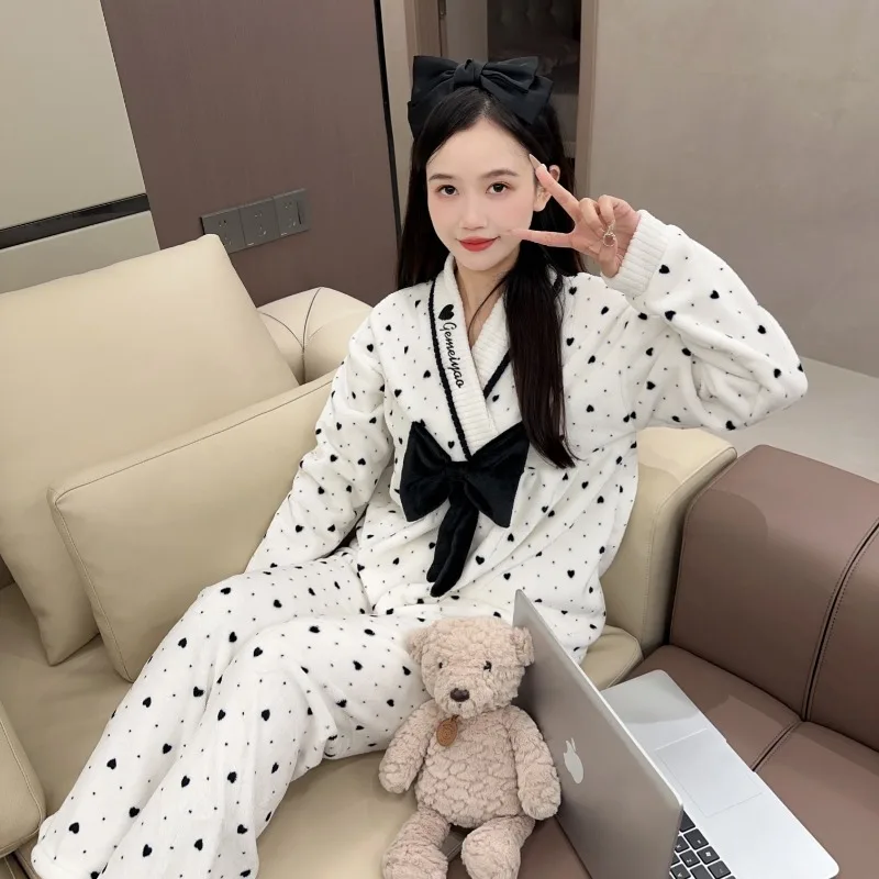 New Pullover Large Size Flannel Home Wear Pajamas  Women Autumn and Winter Coral Velvet Plus Velvet Thickened Warm Sleepwear