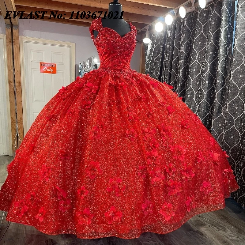 Evolt personalizado vermelho quinceanera vestido de baile 3d floral applique contas cristal espartilho doce 16 vestidos de 15 anos sq529