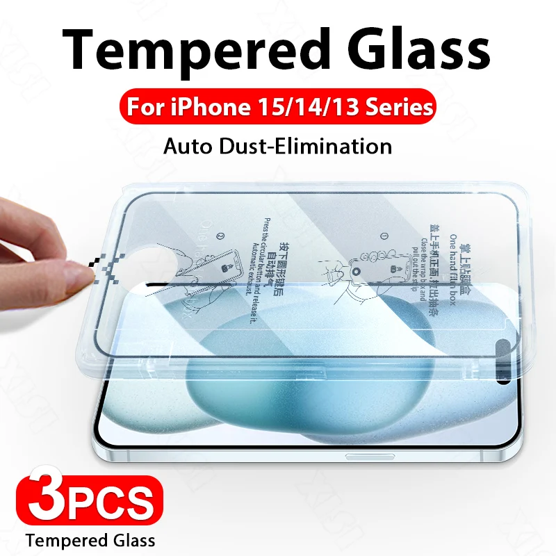 3PCS HD Tempered Protective Glass For Apple iPhone 15 13 Pro Max 14 Plus With Cleaning Kit Fully automatic Dust-Free Install Box