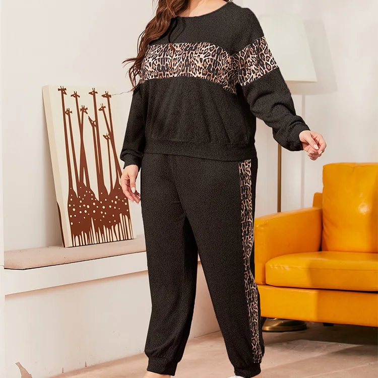 Krismile Plus Size Women's Pajama Sets Autumn Winter Flannel Leopard Print Knit Long Sleeve Top Pencil Pant Large Size Pajamas