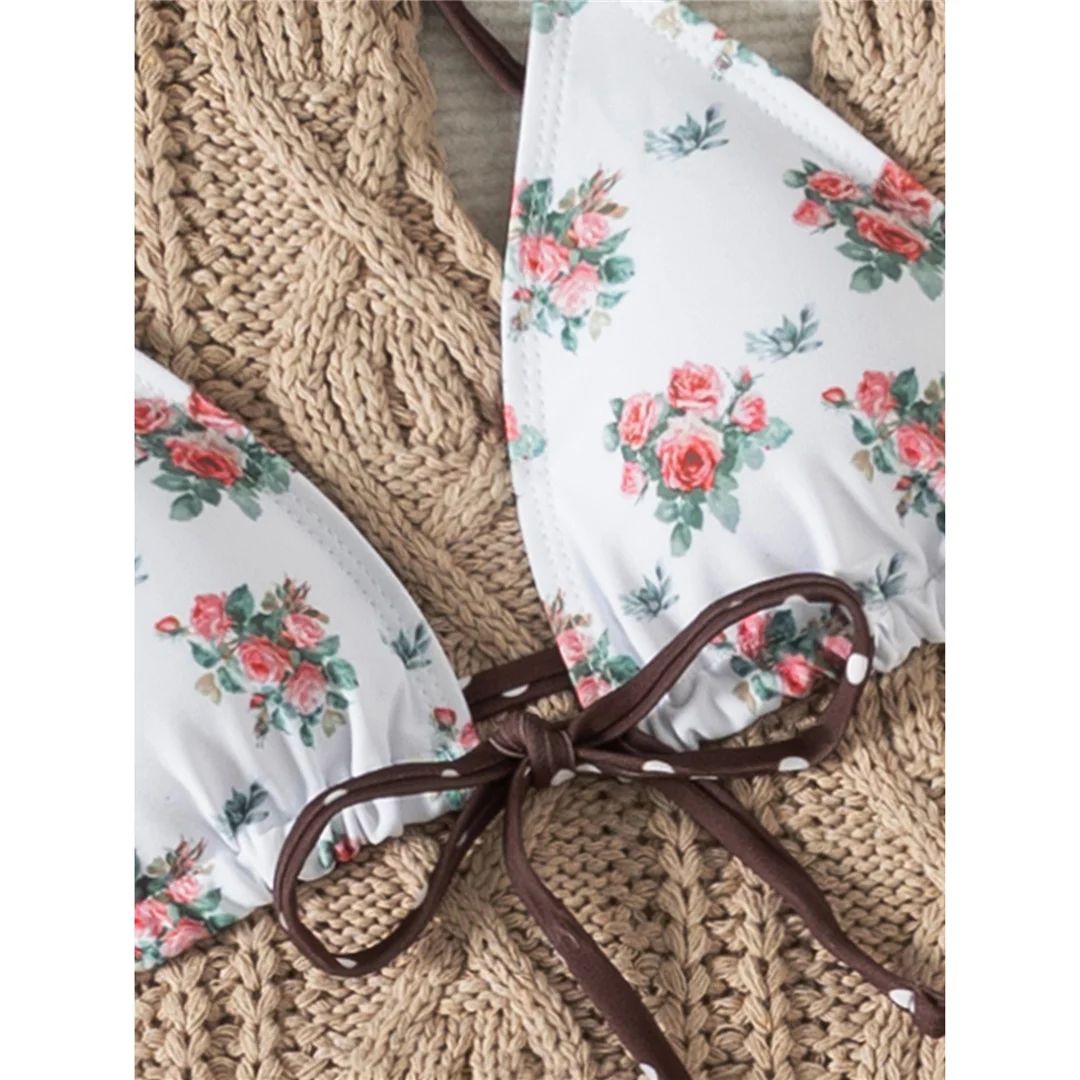 Neuer, mit Blumen- und Punktmuster versehener, hoch geschnittener Bikini für Damen, zweiteiliger Badeanzug, Badebekleidung, Badeanzug, Modell V6964. – Detail 6