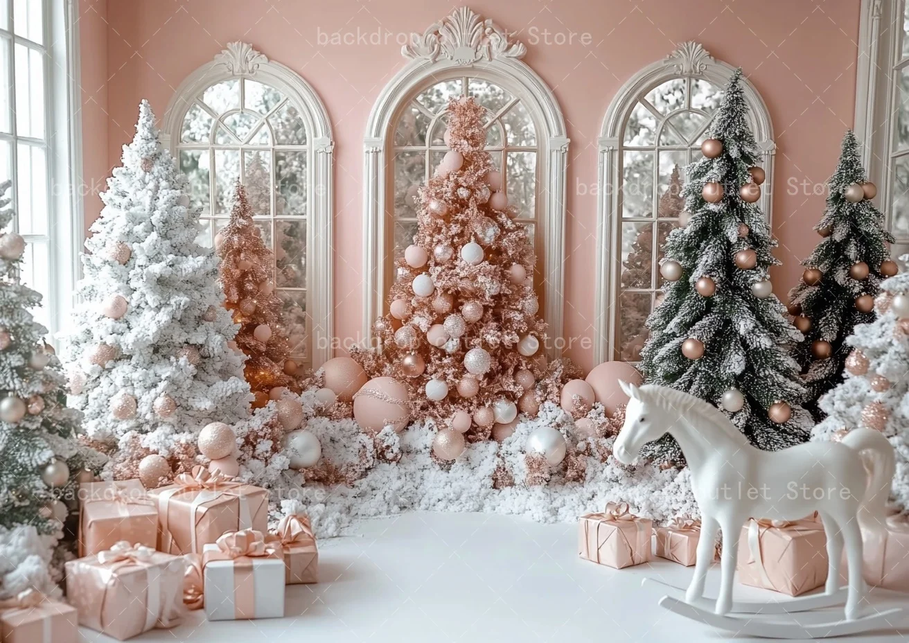 Mehofond rosa natal fotografia fundo retro arco interior janela presente árvore de natal crianças retrato pano de fundo decoração