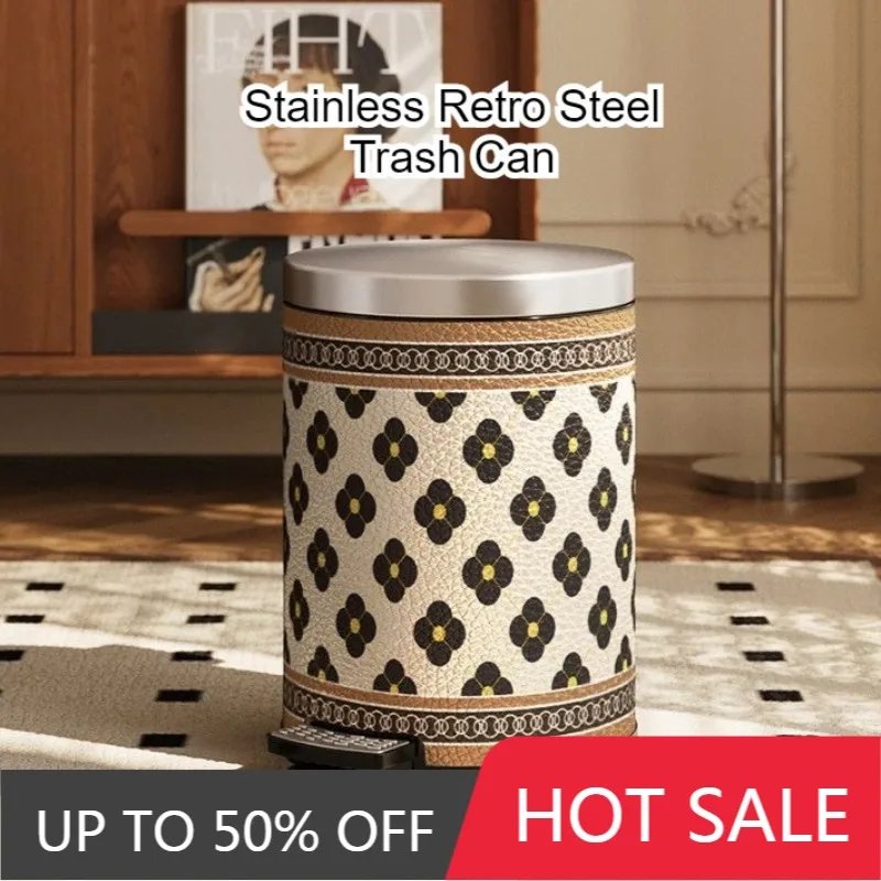 Stainless Steel Trash Can Living Room Vintage Style Foot Operated Kitchen Garbage Container Luxury Household Merchandises