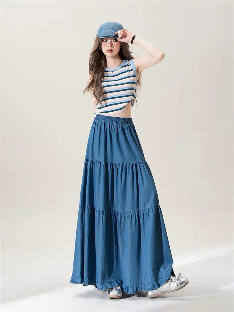 Falda Larga de Mezclilla Azul para Mujer, Cintura Alta, Estilo Línea A, Casual, Sólida, Holgada, Elegante, para Fiesta u Oficina, Primavera/Verano