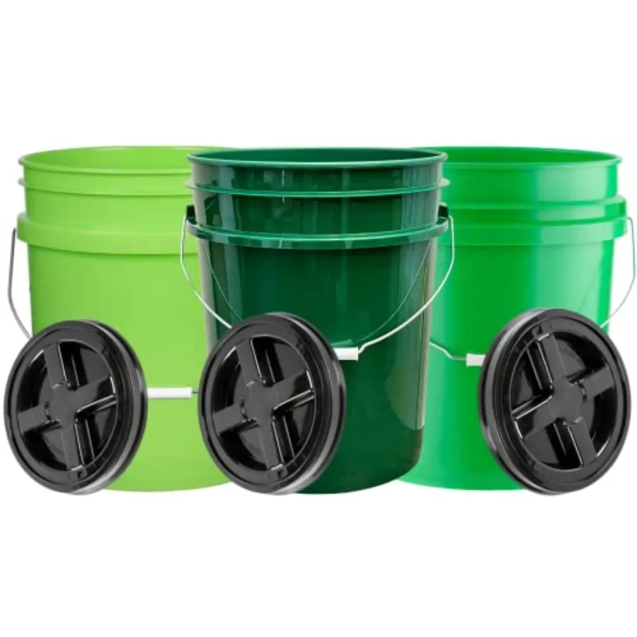

5 Gallon Plastic Green Bucket with Screw on Lid Food Grade containers Made in USA pails Pack of 3
