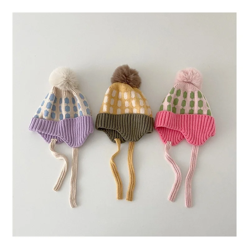 

Kids Girl Boy Knitted Ear Flap Hat with Big Pom Pom Warm Winter Beanie Caps for Winter Toddlers Colorful Patterned Baby Knit Hat