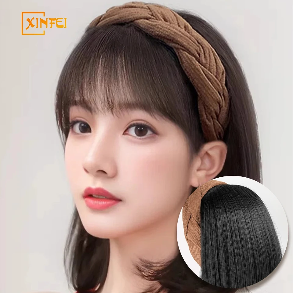 Fishbone Braid Hairband Synthetic Bangs Hair Extension Fake Fringe Natural Hair Clip On Hairpieces For Women Invisible Natural