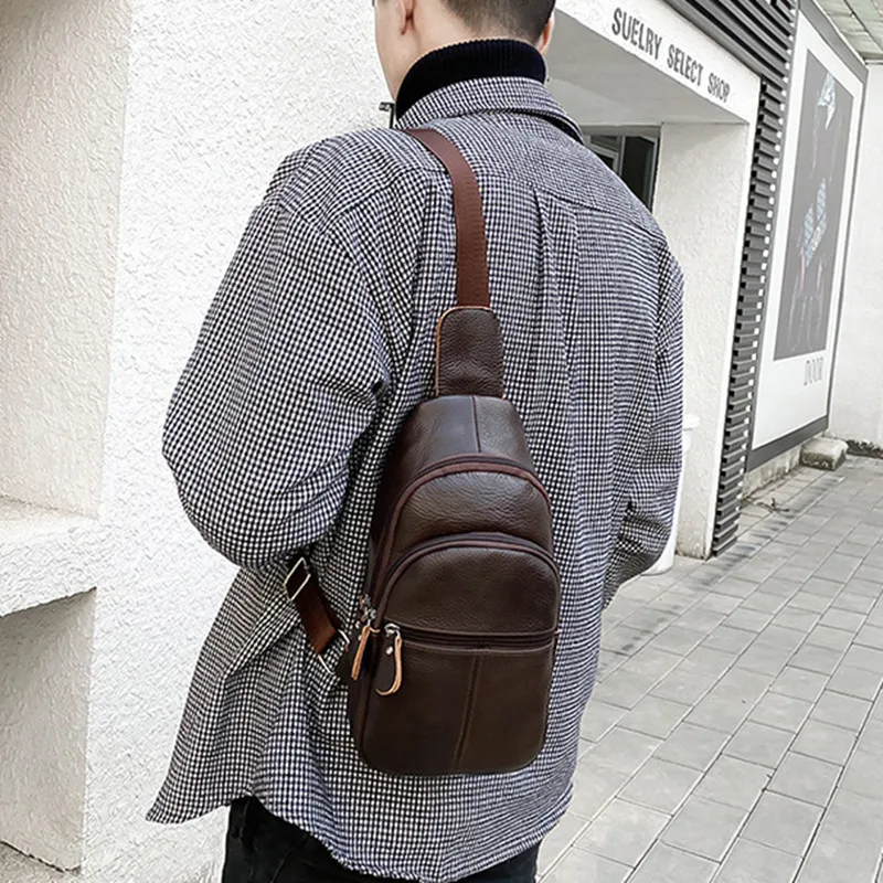 Simple Genuine Leather Chest Bag Large Capacity Men's Crossbody Bag Business Cowhide Messenger Bag Outdoor Sling Bag