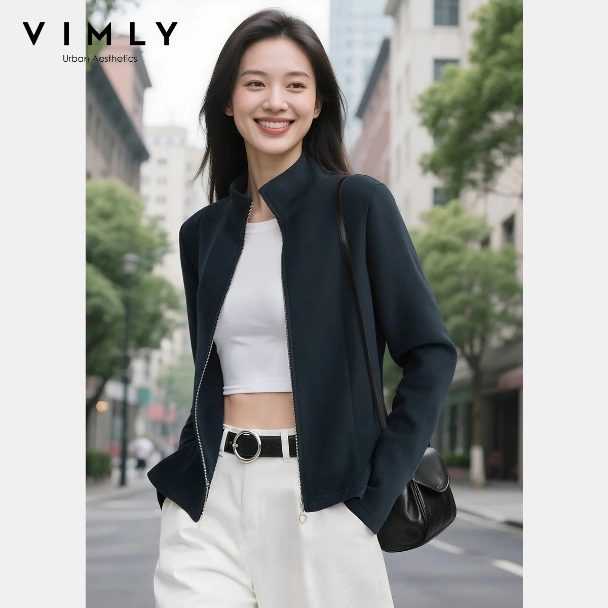 

VIMLY Stand Collar Coat for Woman Autumn 2025 New Fashion Asymmetric Ruffle Jackets Casual Solid Long Sleeve Outerwear A2797