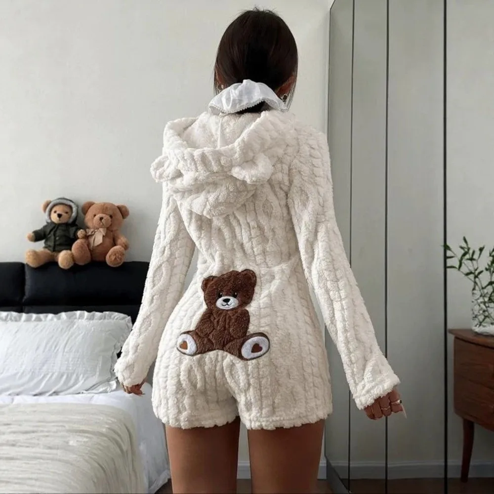 Cozy Hooded Jumpsuit Romper Nightwear Bear Ear Long Sleeve Romper Pajamas Warm Women's Home Clothing Women Female Lady