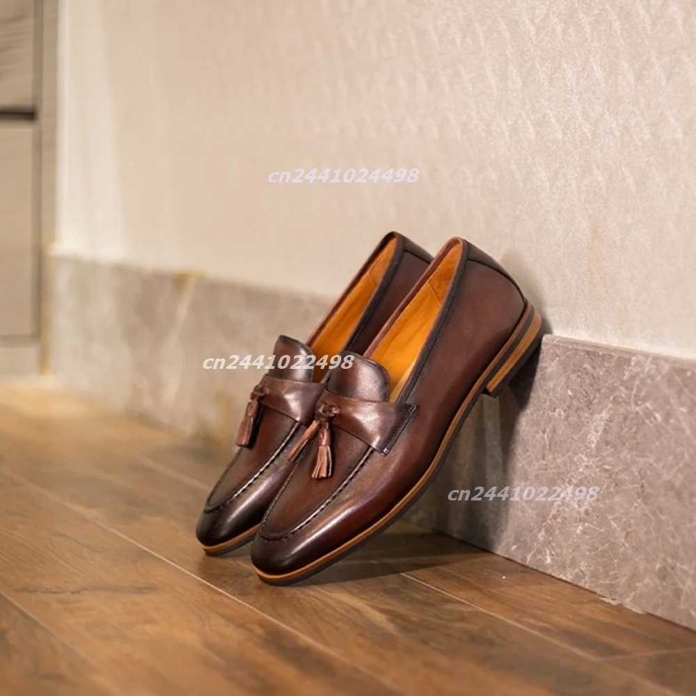Handmade Tassel Leather Loafers for Men Pointed Toe Polished Faux Leather Shoes, Classic Penny Loafers Business Formal Footwear