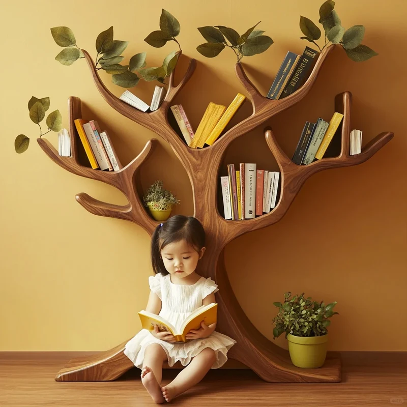 Rak Buku Kreatif Pohon Dinding Cabang Kayu Solid Rak Seni Pohon Besar