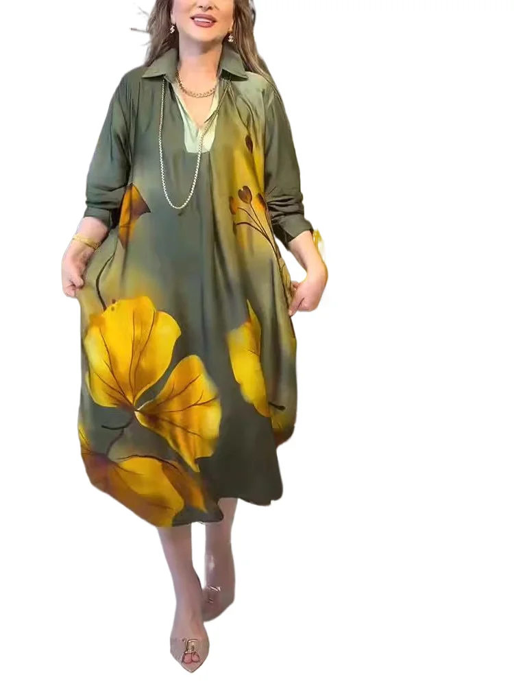 

New Autumn Fashion Turn-down Collar Print Loose Dress For Women Elegant Holiday Casual Dresses Female Robe Femme vestidos
