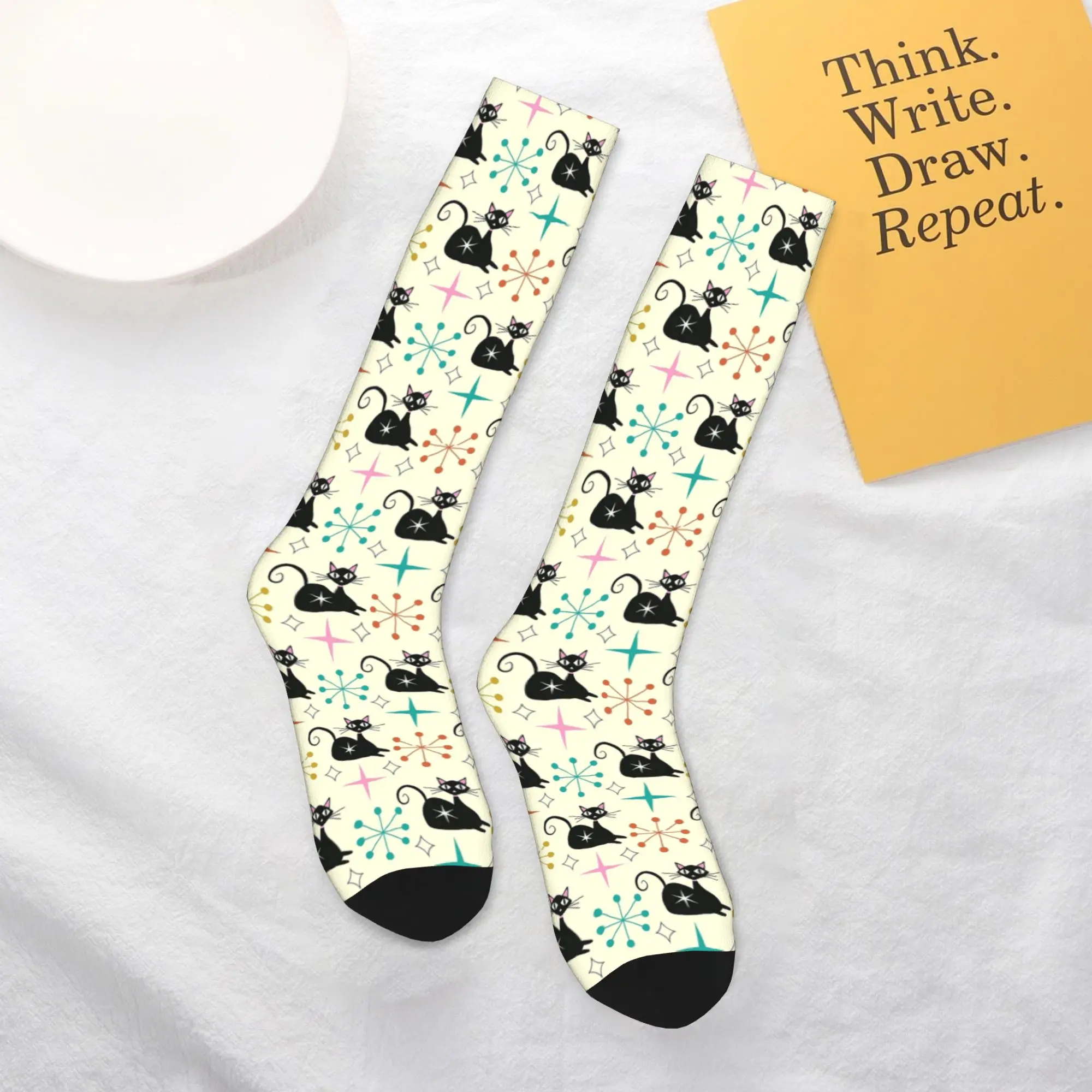オールシーズン クルー ストッキング ミッドセンチュリー ブラック アトミック キャット スターバースト ソックス カジュアル ロングソックス アクセサリー メンズ レディース ギフト