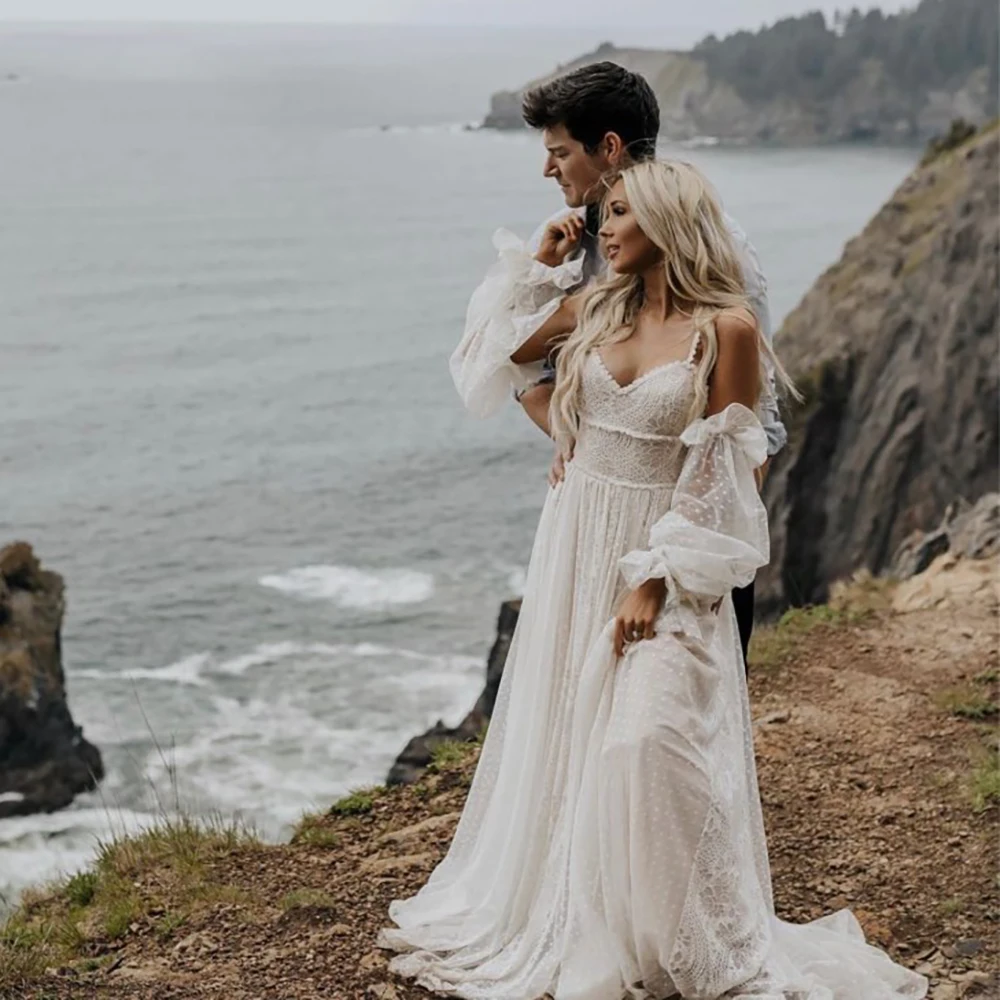 Boho cintas de espaguete vestido de casamento de elopement sem costas espartilho polka pontilhada rendas mangas compridas destacável sem costas vestido de noiva