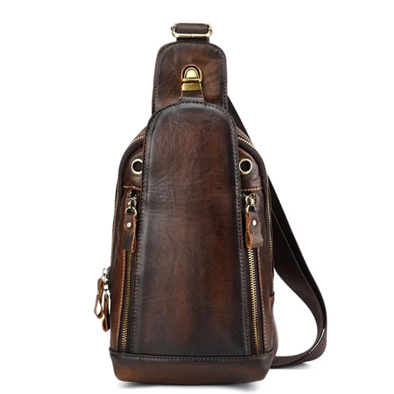 High Quality Men Genuine Leather Single Backpack Rucksack Vintage Real Cowhide Brush Color Shoulder Bag Crossbody Chest Bags