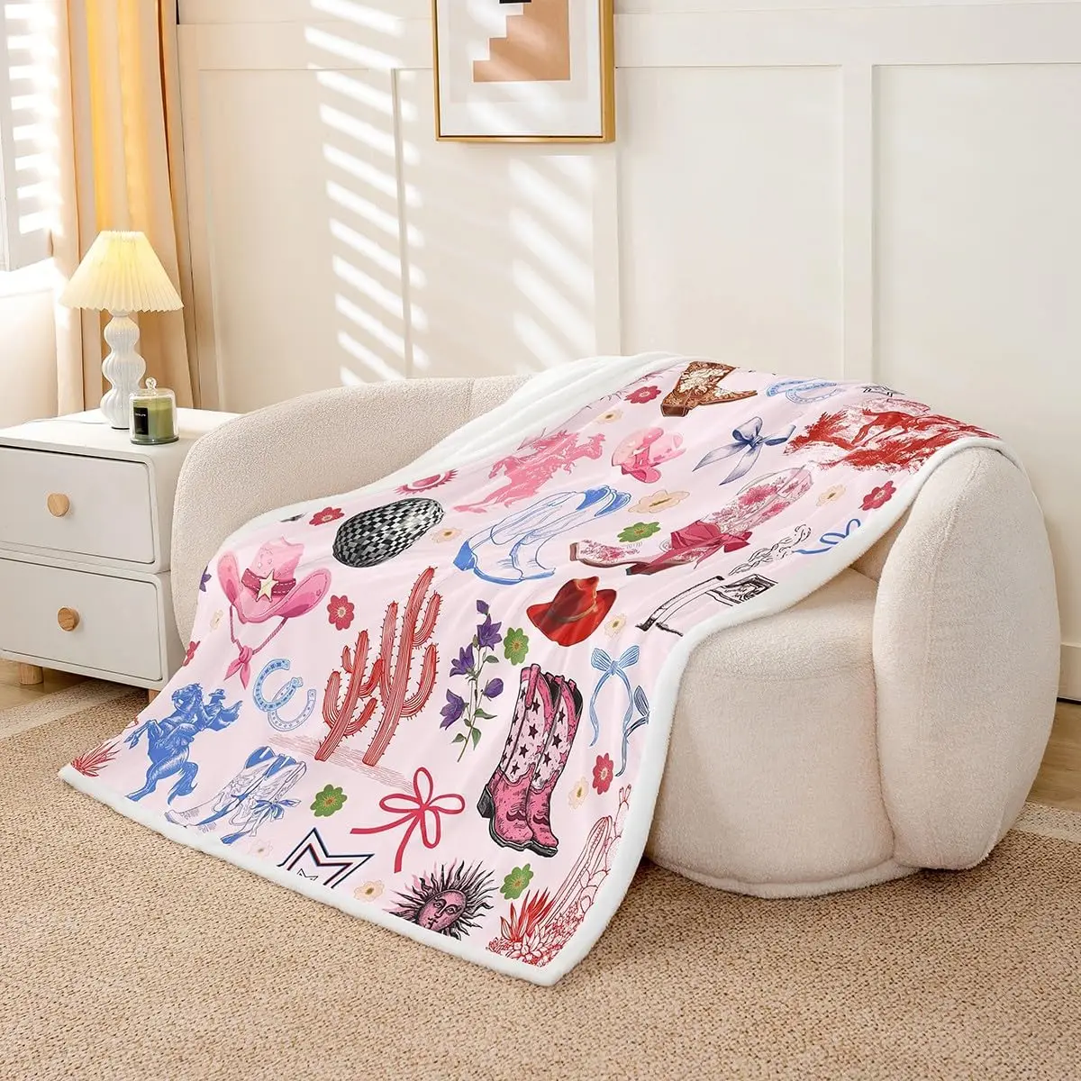 Western Cowboy Blanket Pink Cowgirl Theme Fleece Throw Ranch Decor Cactus Boots Hat Cozy Home Textile
