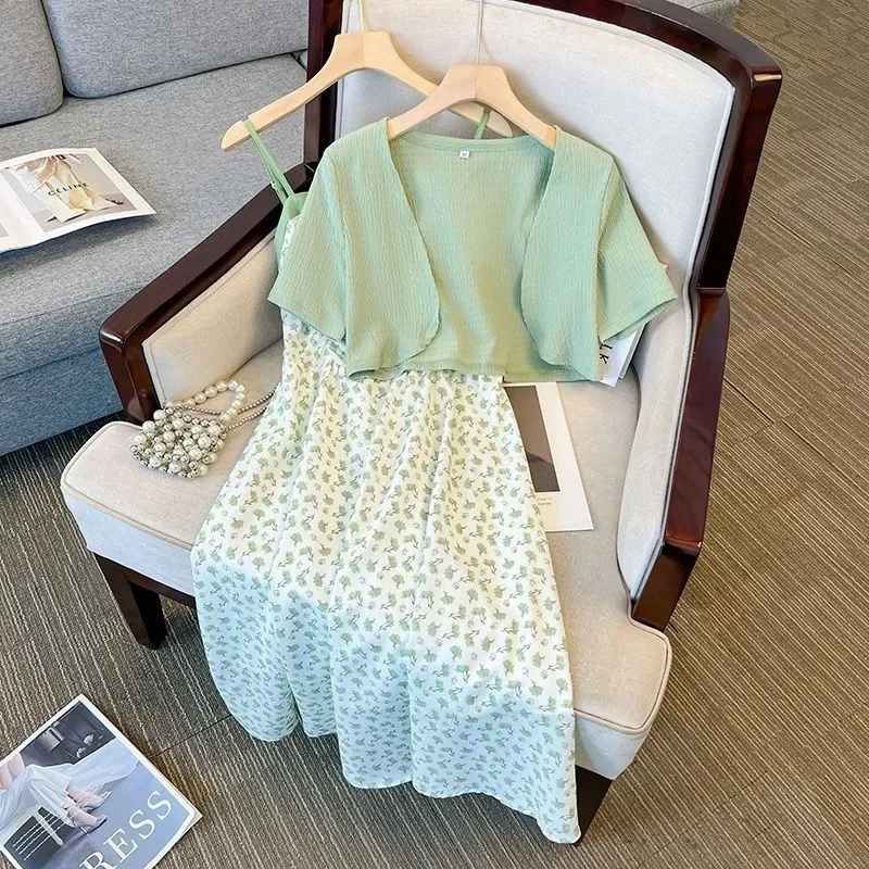 Summer Set Women's Short Cardigan Shawl Sling Skirt Two-piece Set French Sweet Fresh Floral Dress