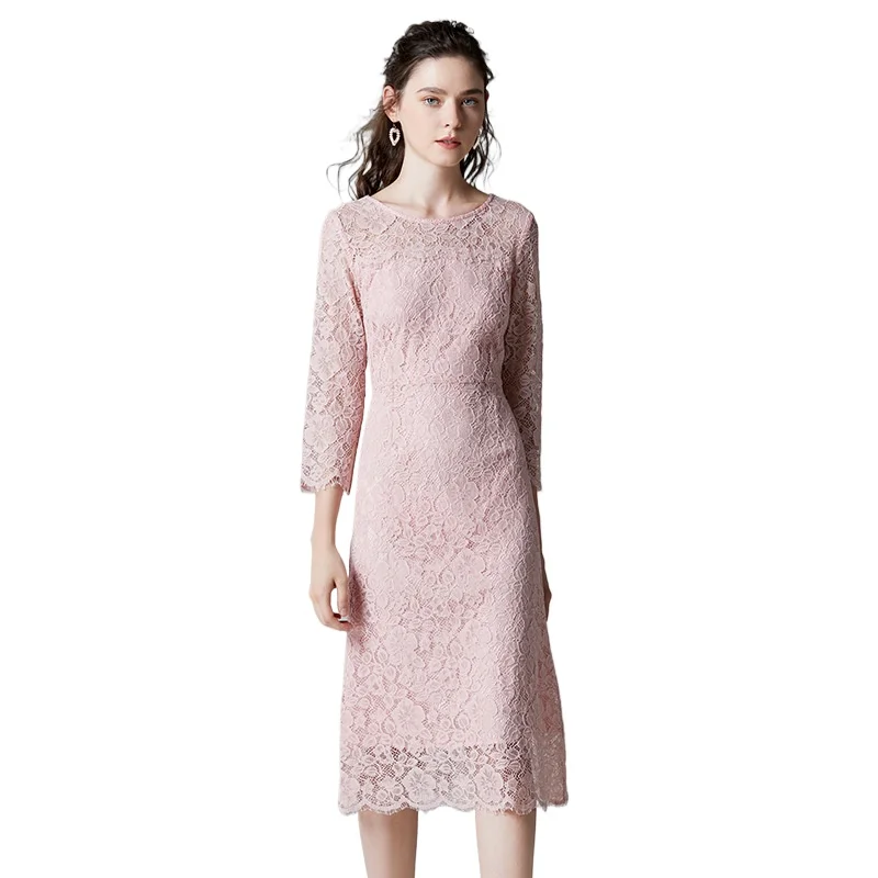 

Elegant Round Neck Lace Tea Length Plus Size Birthday Party Dress Pink With Sleeves