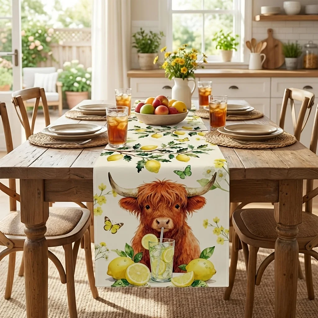Watercolor Highland Cow Lemon Print Table Runner Yellow Green Farmhouse Rustic Dining Table Summer Home Decor