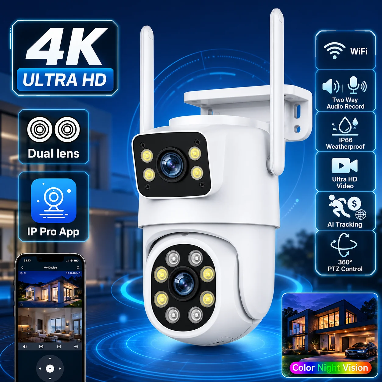 Outdoor 4K WiFi Surveillance Camera with Dual Lens PTZ and Auto Tracking 8MP CCTV Security Features Two Way Audio Functionality