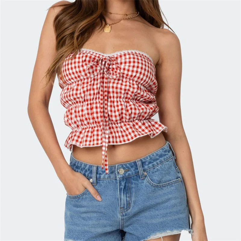 Vrouwen Rode Gingham Patroon Tube Tops Kant Voorkant Vastbinden Strapless Open Rug Crop Tops Y 2K Bandeau Slim Fit Cropped Tanks