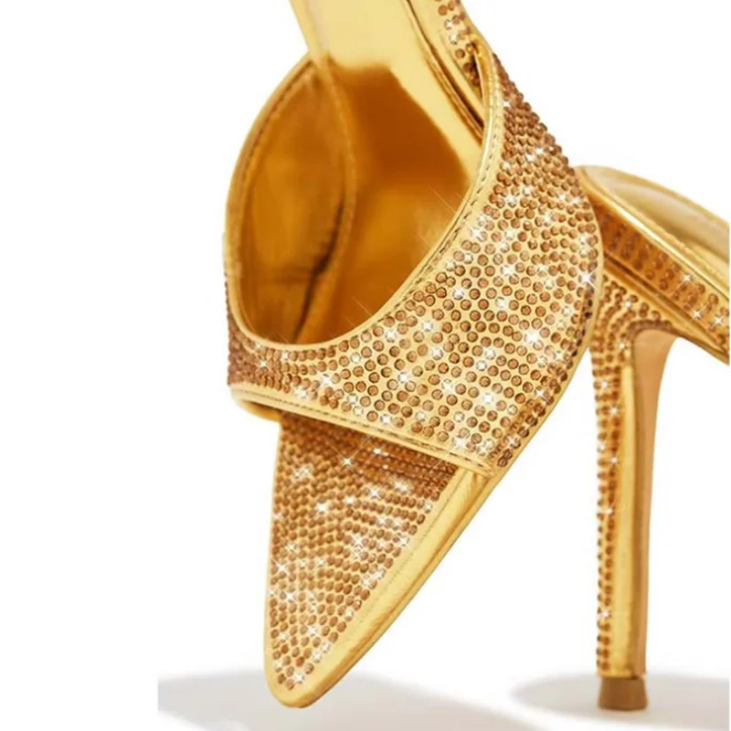 

Shinny Rhinestone Pointed Toe High Heel Slippers Gold Black Leopard Slip On Crystal Lady Evening Dress Shoes Drop Shipping
