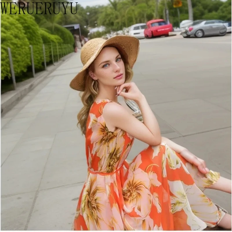 Bohemian Woman Beach Chiffon Dress Sleeveless Vacation Outfits Boho Clothing Fashion Summer Flowers Long Dresses for Women 2024