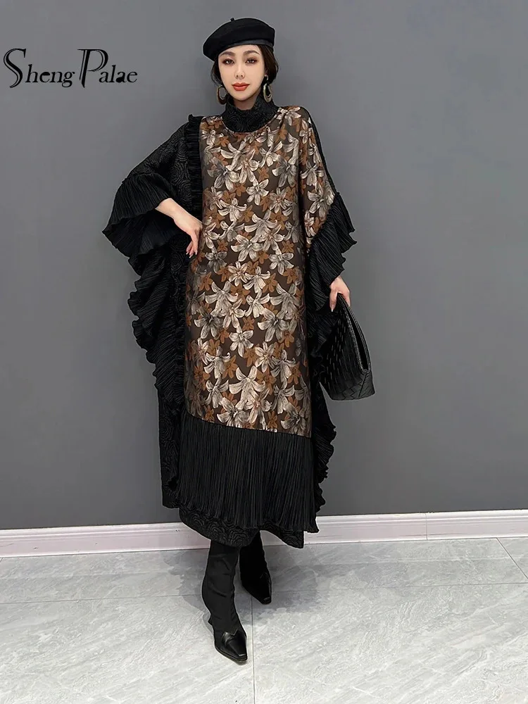 SHENGPALAE Women's Dress Print Splice Design Bat Sleeve Loose Round Neck Ruflles Midi Dresses Fashion Female Y2k Clothes 5WA170