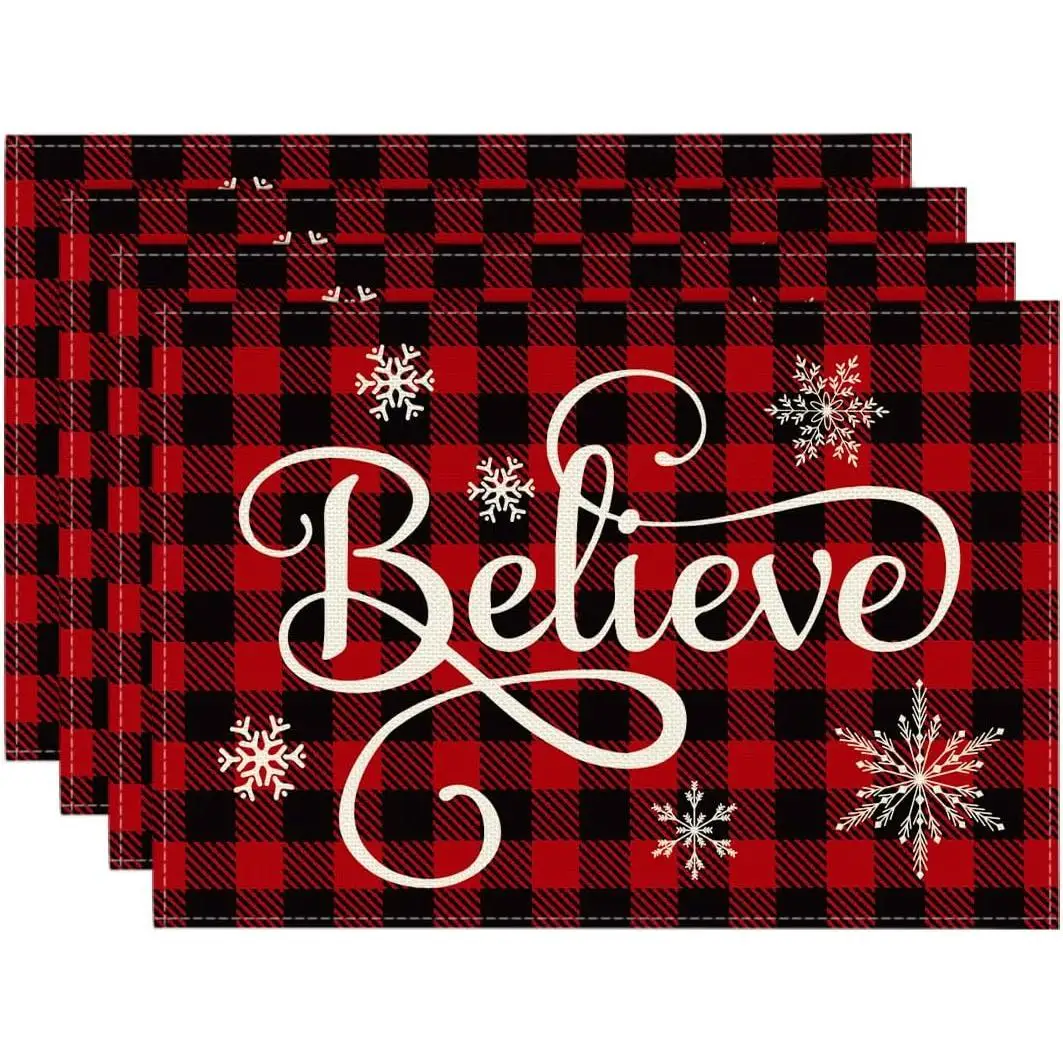 Mode Christmas Believe Check Plaid Placemat for Dining Table 12 x 18 Inch Winter Holiday Rustic Washable Table Mat Set of 4